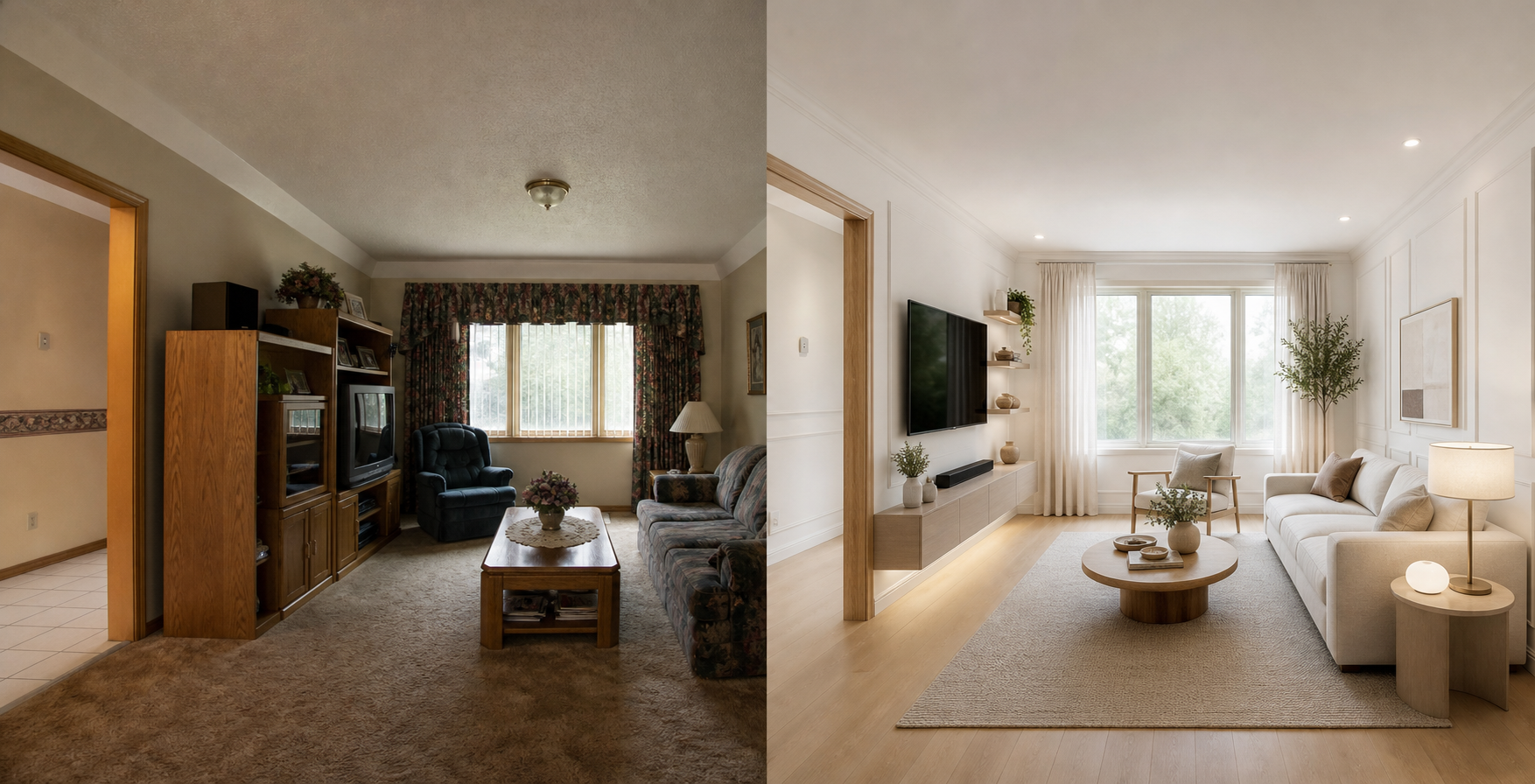 A dated living room transformed into a bright, modern interior